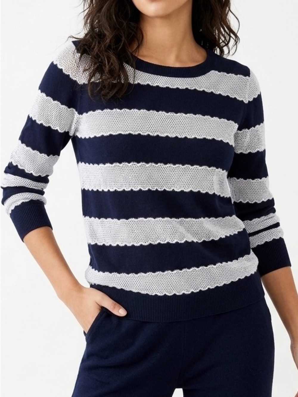 LOFT Navy Striped Lace Crochet Knit Sweater Shacket Layering Coquette Coastal L